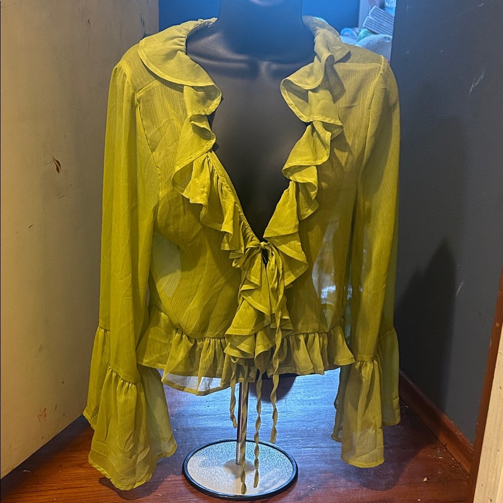 Women’s Ruffle Tie-Front Blouse - Lime Green